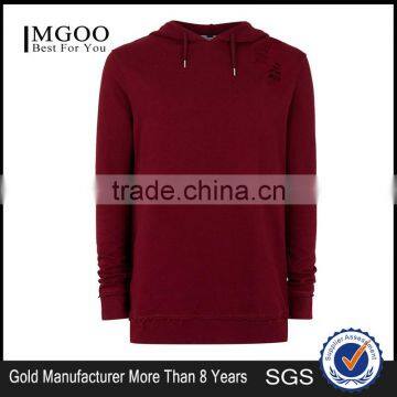 Custom Design Plain Extreme Ripped Oversized Longline Distressed Classic Fit Hoodie Burgundy Split Sides