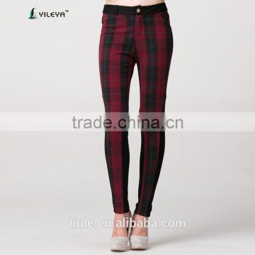 red plaid women casual pants with elastic fabric