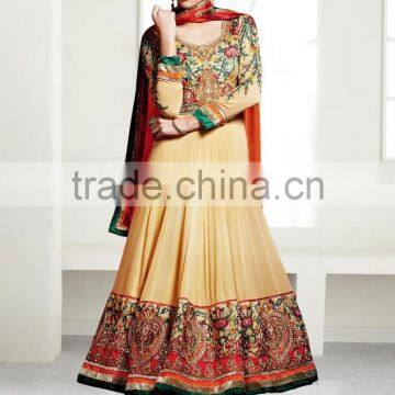 Cream color with multi color embroidery border at bottom and at neck Anarkali Designer Semi Stitch Salwar Kameez