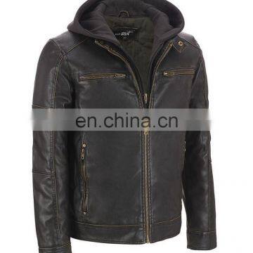 Washed Men's Faux Leather Long sleeve detechable hood imitation Leather Jacket with Metal Zipper snap collar hooded jacket