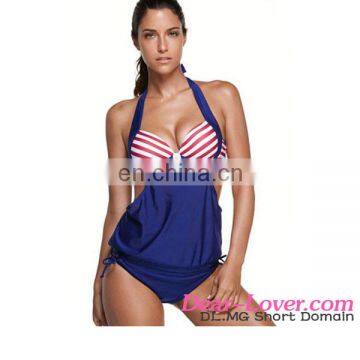 2pcs Navy Splice Red White Stripes Halter Tankini Swimsuit One Piece Swimsuit