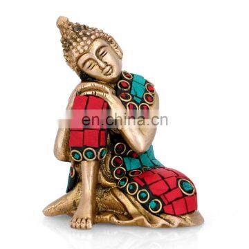 Buddha Statue Resting Buddhism Figurine Tibet Sleeping Feng Shui Brass Turquoise Tibet Tibetan Resting Buddhism Home Decor Art