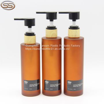 200ml 250ml Amber Frosted Plastic Shampoo Bottle with Bamboo Lotion Pump