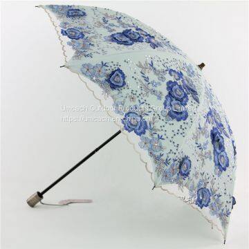 Fashion Double Folding Sun Umbrella with Hand Embroidery