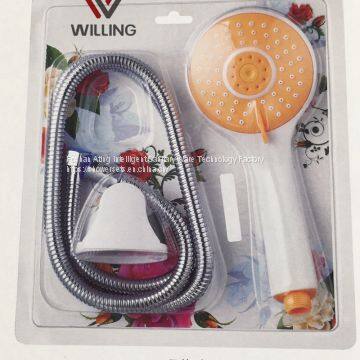 3 spray shower hand set with hose and bracket white orange colour blister packing