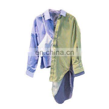 TWOTWINSTYLE Shirt For Women Hit Color Patchwork Striped Lapel Collar Long Sleeve Casual Asymmetrical