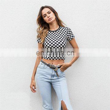 Cheap camo plaid zebra fully printing cotton spandex crew neck crop top t shirt for women