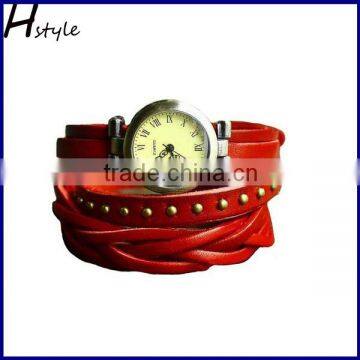 Fashion Rivet Weave Wrap Around Leather Retro quartz Bracelet Woman Wrist Watch Red WP004