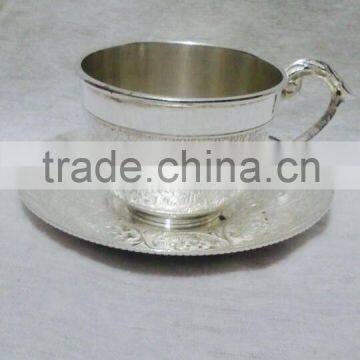 Silver Plated Engraved Brass Tea Coffee Cups & Plated Set Of Four Piece With Serving Tray photo-2