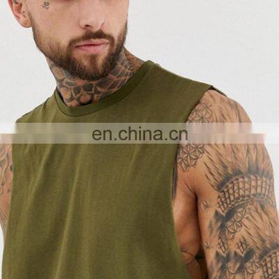 2021 High Quality Cut Off Shirt Curved Hem Tank Top Men Olive 95% Cotton 5% Elastane Deep Cut Muscle Tee photo-3