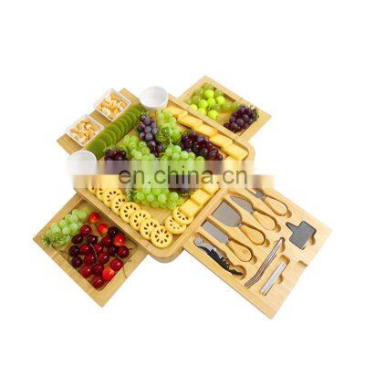 Bamboo Wood Charcuterie Magnetic 4 Slide-Out Drawers Cheese Board Set With Ceramic Bowls And Cutlery Knife photo-3