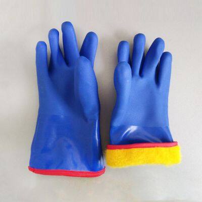 Anti slip oil acid resistant waterproof keep warm winter working blue pvc oil gloves industrial