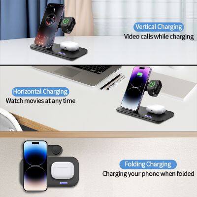Desktop 3-in-1 Foldable Wireless Charger 15W Fast Charging Suitable for Apple Watch Earphones Wireless Charging Station
