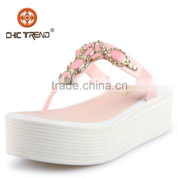 2015 Ladies Crystal Clear Jelly PVC Upper Flip Flops PVC material wedge Heel Slippers with jewelry buckle