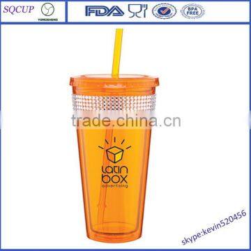 16oz double wall plastic straw mug with diamond and beautiful color sippy mug