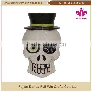 Hand-painted halloween ceramic skull shape storage jar