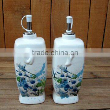 Elegant Flower Decal Ceramic Oil and Vinegar Bottles Set for Kitchen