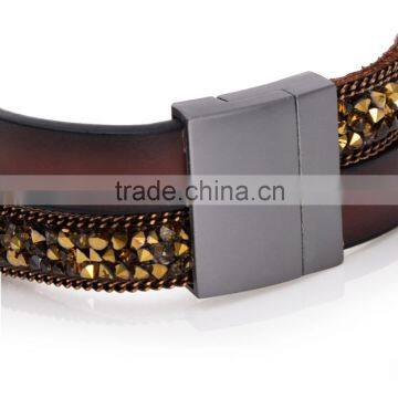 50PC Fashion Double Wrap Leather Bracelet Black Brown Crystal Leather Bangle Magnet Clasp photo-4