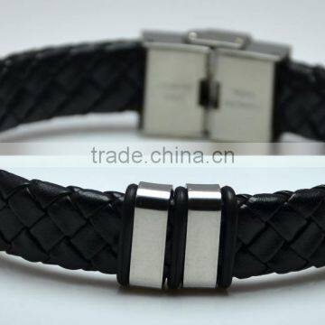 Fashion Black Leather Linked Silver Loop Bracelets Jewelries Braided Wrap Wristband Bangles For Men