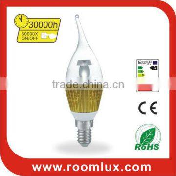 tailed top E14 LED candle light 3W Dia37X125mm clear PBT cover