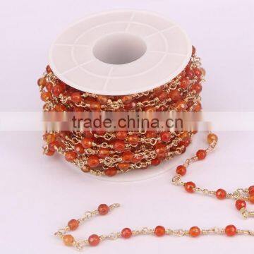 Wire Wrapped Beaded Chains Gold Plated Rosary Chain Red Agate Color Faceted Crystal Beads 4mm Jewelry Making