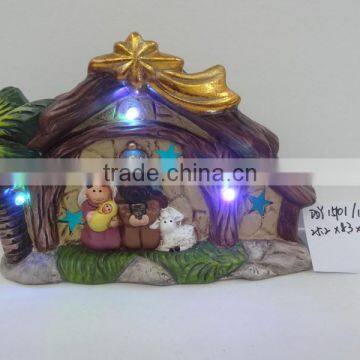 Antique Ceramic Nativity House Scene Figurines Set With Led Lights photo-5