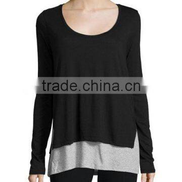 High Quality Double-Layer Long-Sleeve Tee/Pima Cotton Relaxed Style Top Layer Side Open Hemp t Shirt for Women photo-3