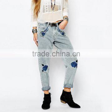 front girls embroidery flowers ladies fancy jeans loose style