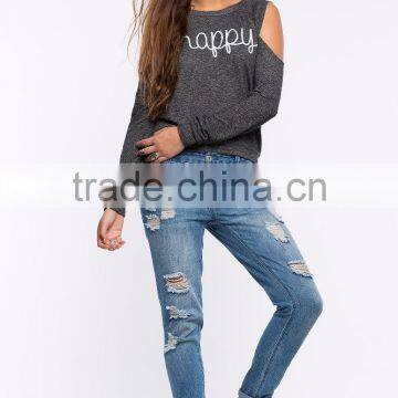 Sexy Cold-shoulder Graphic Print Crewneck Sweatshirt Womens Clothing Fall 2015 photo-6
