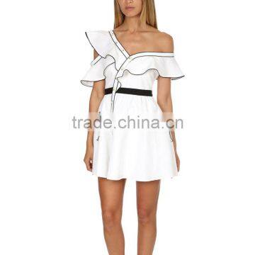 Asymmetrical Ruffle One Shoulder Contrast Pipping Short Dress photo-4