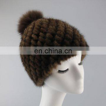 Popular ladies fur hats cute mink fur weaven hats with fox fur pompom