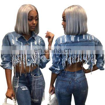 Denim 2020  Autumn Women's clothing Sexy Ripped Jacket Fashion Fringed Chain Ladies Short Crop Top