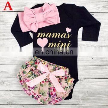 2019 Autumn Newborn Baby Clothes Suit Long Sleeve Letter Print Romper + Floral Shorts + Bow Headband 3pcs Set photo-5