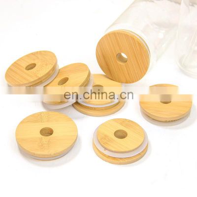 Promotional Wholesale Custom 62mm Bamboo Lids with Straw Hole for Beer Can Glass Bamboo Jar Lid