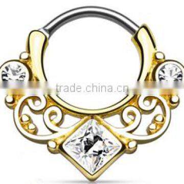 Lace Swirl Gem Square CZ Crystal 316L Surgical Steel Septum Clicker Nose Piercing Body Jewelry photo-2