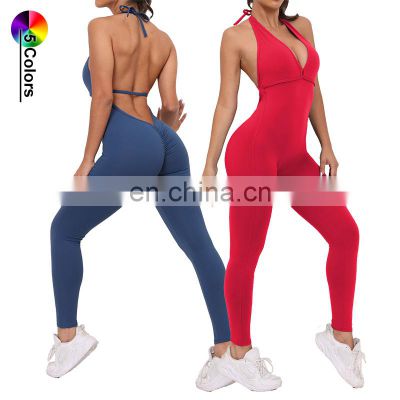 Open Back Sexy One Piece Dance Yoga Jumpsuit Ladies Gym Wear Backless Halter Neck Sports Fitness Jumpsuit Set For Women