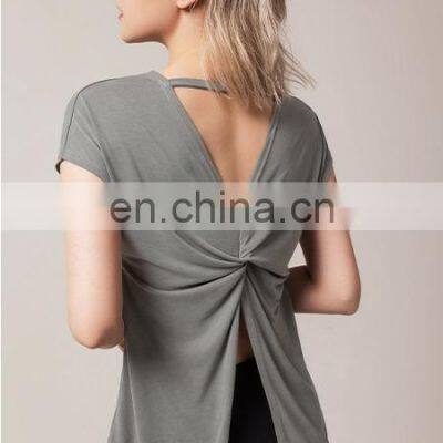 1 Pcs Custom Logo Split Back Design Modal Blouse Short Sleeve Breathable Yoga Shirt Women Casual Running Gym Wear Sports Top photo-5