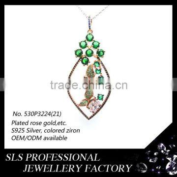 Fashion design jewelry pendant green leaf necklace jewelry gemstone rose gold plated pendant