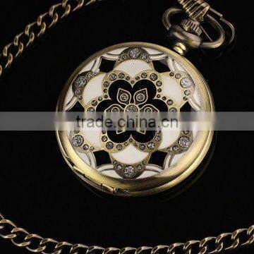 WP031 New Mens Coppery Stainless Steel Case White Dial Arabic Numbers Modern Pocket Watch With Chain