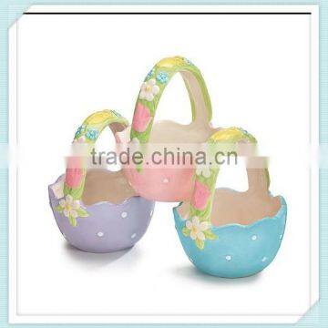 Set of 3 Easter Egg Basket Ceramic Candy Dishes with Spring Colors and Floral Accents