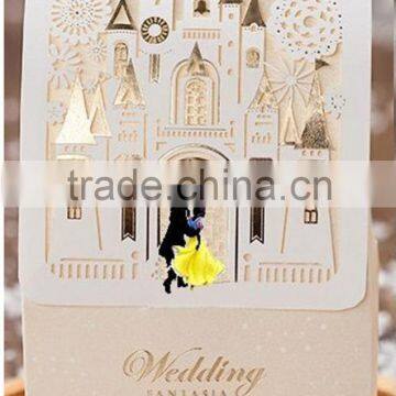 Hot sale lovely & charming castle yellow laser cut wedding invitations