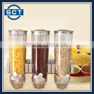 Three Wall Mount Triple Cannisters Dry Food Dispenser Cereal Keeper Server Portion