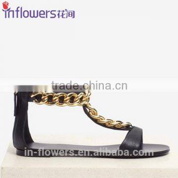 ladies black flat sandal shoes with metal ankle strap