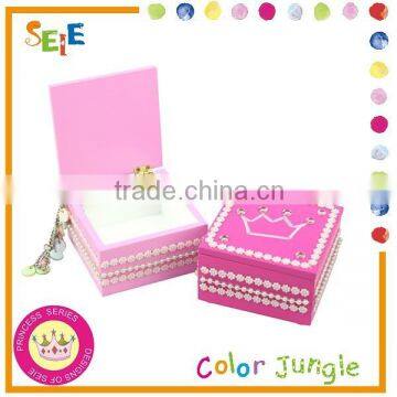 Wood mini small jewelry box with crystal sticker pink princess crown style square box