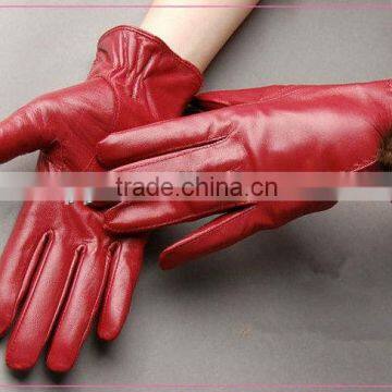 2014 winter red sheepskin leather gloves with fur lining