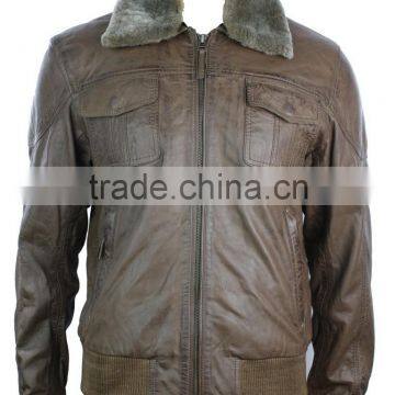 LambSkin bomber leather jacket with fur collar