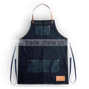 great denim work apron with leather trim