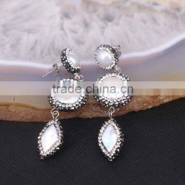 White Freshwater Pearl Earrings, Pave Crystal Pearl Gem Stud Jewelry Earrings