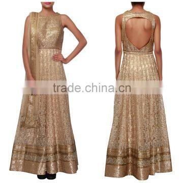 Invigorating Beige Raw Silk Net Anarkali Suit/Buy Online Designer Anarkali Suits