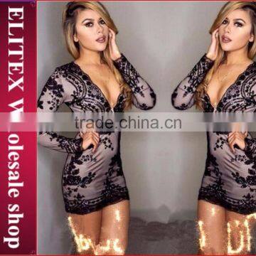 Wholesale fashion stock black spangle long sleeves sexy woman prom dress